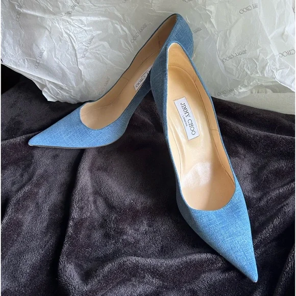 Jimmy Choo Abel Blue Denim Pointed Toe Pumps - Picture 1 of 8